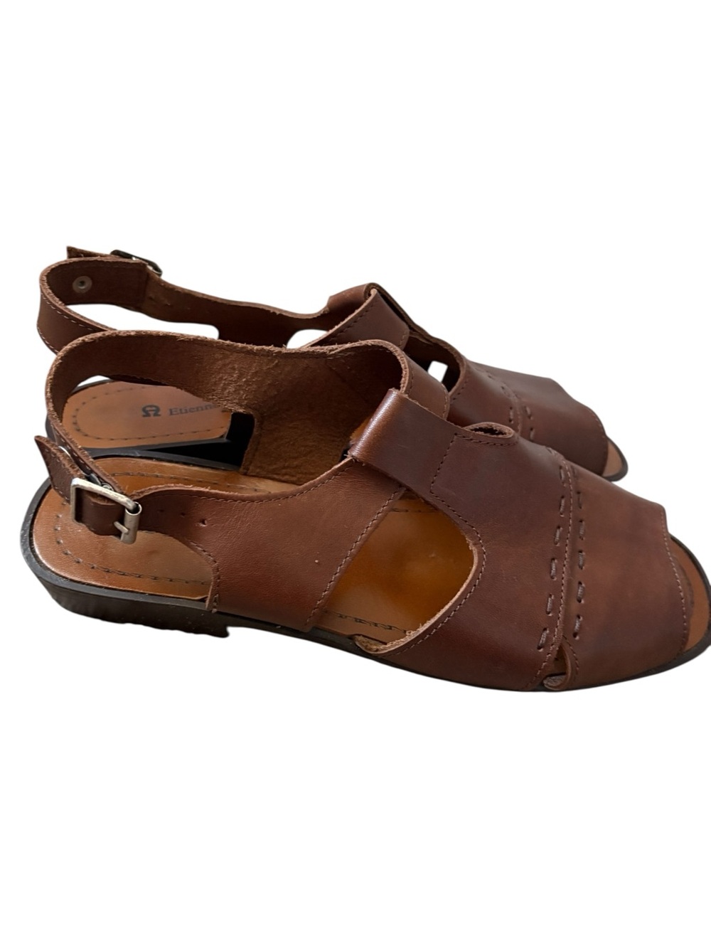Etienne Aigner Brown Leather T-Strap Fisherman Sandals Size 7.5 - Picture 3 of 7